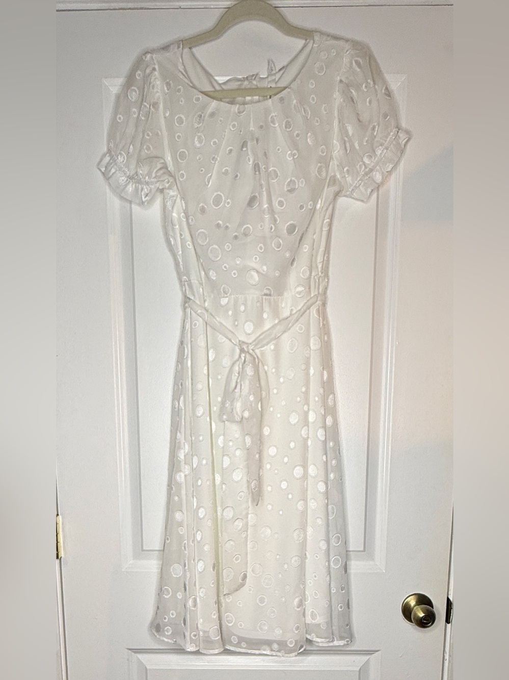 NY Collection Sz L White Polka Dots Short Sleeve Dress Fully Lined Bodice | EUC